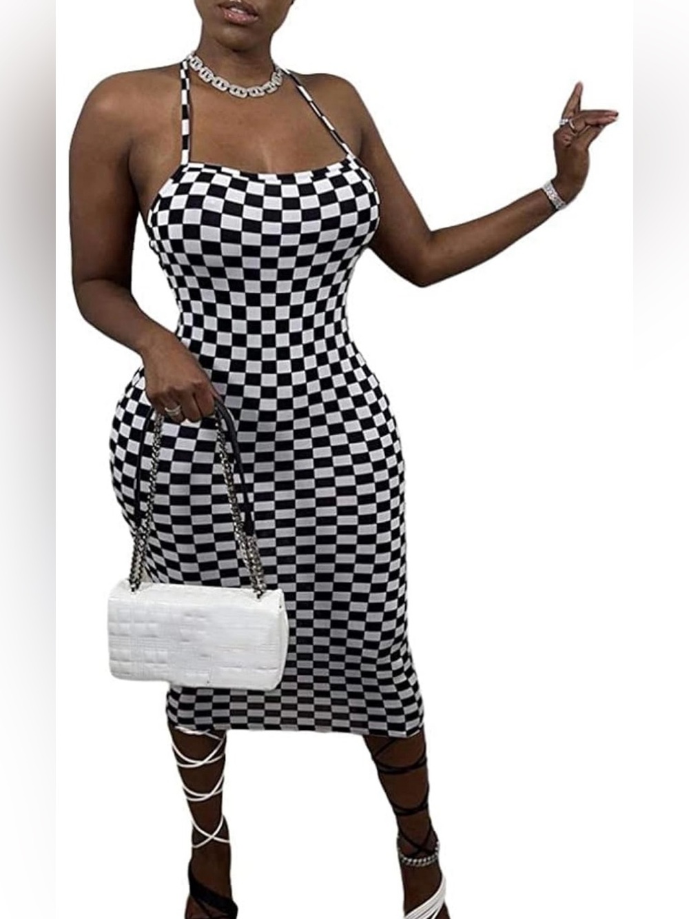 Black & White Checkered Strapless Midi Dress